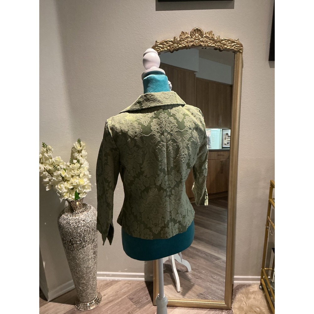 Vintage Sage Green Floral Brocade‎ Cropped Blazer Peplum Jacket Notched Lapel - Picture 6 of 7